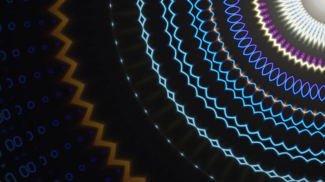 Hypnotic rainbow neon neon mandala of glowing rings rising from the top corner with copy space, kaleidoscope light motion background, seamless 4K loop