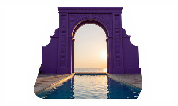 grand intricately designed purple archway frames tranquil pool water gently lapping edges warm golden light
