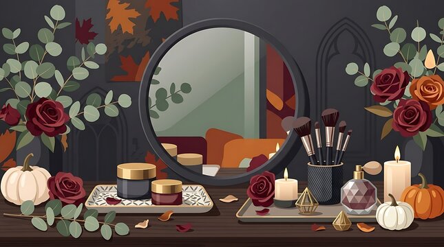 Cosmetic vanity table with autumn decorations and round mirror
