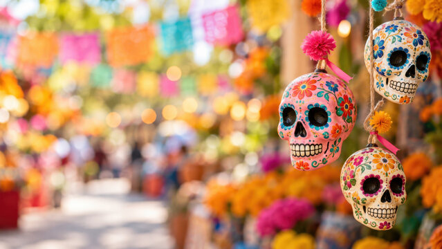 Decorated sugar skull ornaments hanging among marigold flowers during d&iacute;a de muertos celebration, traditional altar decorations, mexican remembrance festival background