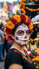 Fototapeta premium Woman dressed as la catrina at a day of the dead flower market, skeletal face painting with rose marigold crown, mexican festival costume inspiration