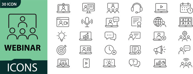 Collection of modern webinar and online meeting line icons for digital use © anis criator