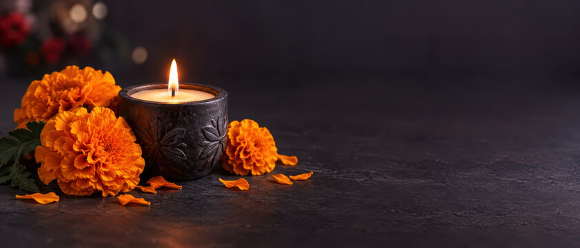 burning candle and cempasuchil flowers on dark background with copy space, Dia de los Muertos banner with glowing candle and marigolds,