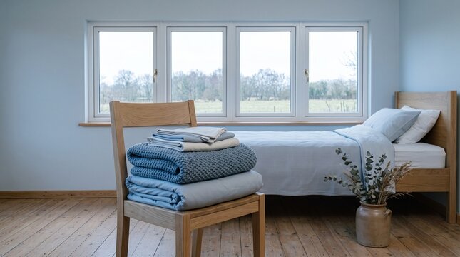 Prepared guest room with bedding by a cold window