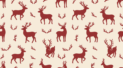 A charming and festive christmas background featuring a repeating pattern of elegant red reindeer and delicate winter foliage for holiday designs © Vectorhouettefile