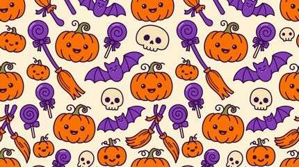 Obraz premium Seamless pattern with cute cartoon Halloween pumpkins bats skulls and broomsticks on a light background.