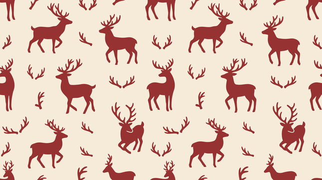 A charming and festive christmas background featuring a repeating pattern of elegant red reindeer and delicate winter foliage for holiday designs