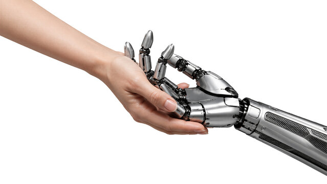 Human hand reaches out to touch a metallic robotic hand representing the connection between humanity and artificial intelligence.