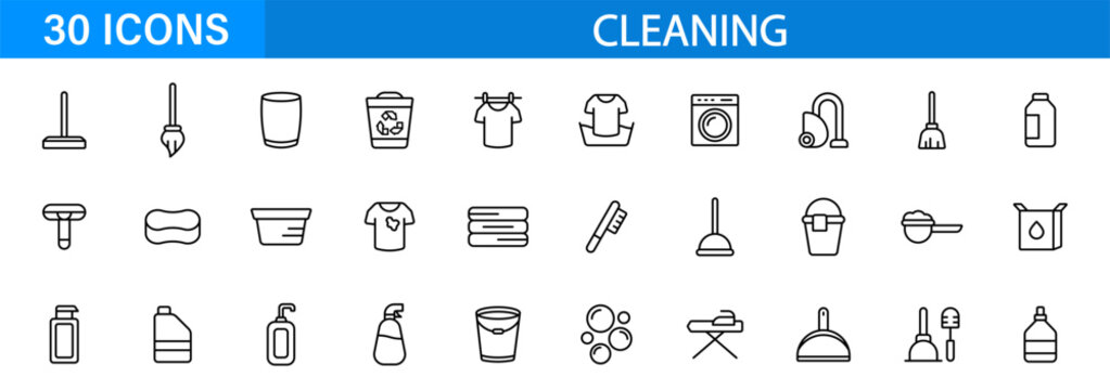 Cleaning line icon set. Household laundry and hygiene symbols. Vector icons collection