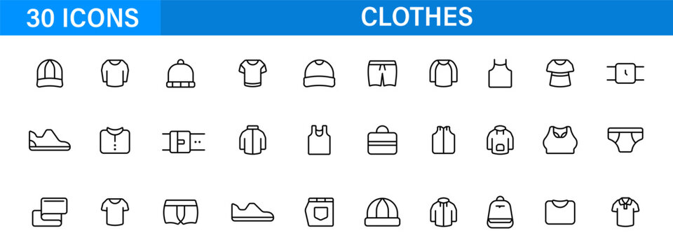 Clothing line icon set. Fashion apparel and wardrobe symbols. Vector icons collection