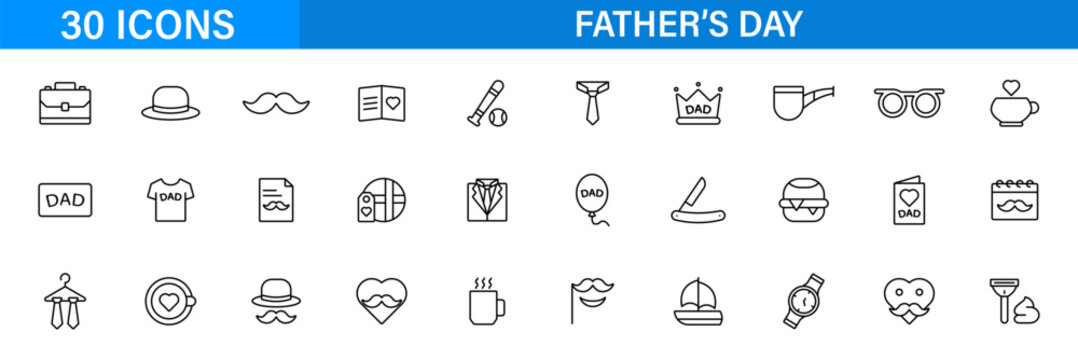 Fathers Day line icon set. Dad celebration and gift symbols. Vector icons collection