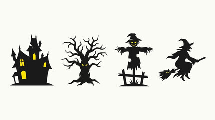 Fototapeta premium Halloween spooky silhouettes set with haunted house, spooky tree, scarecrow, and flying witch with glowing yellow details