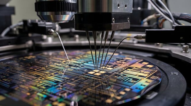 Probe station for silicon wafers: testing microchip circuits during the automated semiconductor manufacturing process (close-up). AI generatwd.