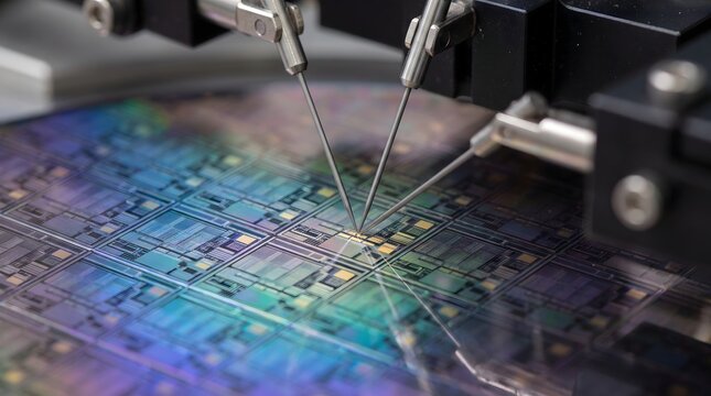 Probe station for silicon wafers: testing microchip circuits during the automated semiconductor manufacturing process (close-up). AI generatwd.