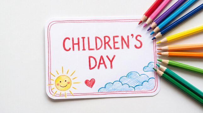 Colorful childrens day sign with colored pencils illustration