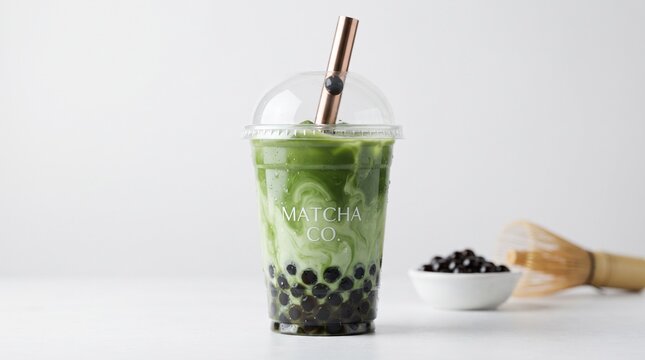 Matcha boba tea in a plastic cup with tapioca pearls