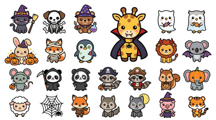 Fototapeta premium Cute cartoon animals in Halloween costumes, vector illustration set with spooky characters