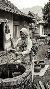 Black and white vintage portrait of an Indonesian mother drawing water from a traditional brick well while carrying her sleeping baby in a batik sling, rural Javanese village, Generative AI