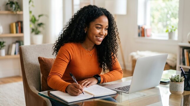 Happy young woman sitting at a desk and writing in a notebook while looking at her laptop screen in a modern home office setting