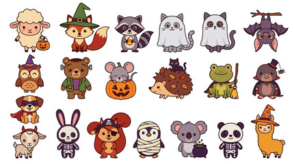 Obraz premium Cute and funny cartoon animals dressed in Halloween costumes, including a witch fox, ghost cat, and vampire bat