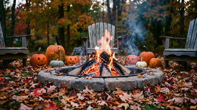 A cozy campfire burning brightly in a stone fire pit surrounded by fallen autumn leaves and carved pumpkins