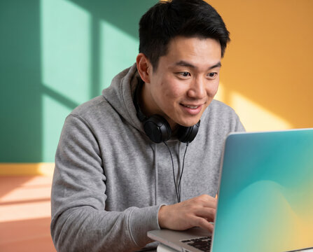 Determined software developer wearing headphones coding on laptop against teal and yellow wall