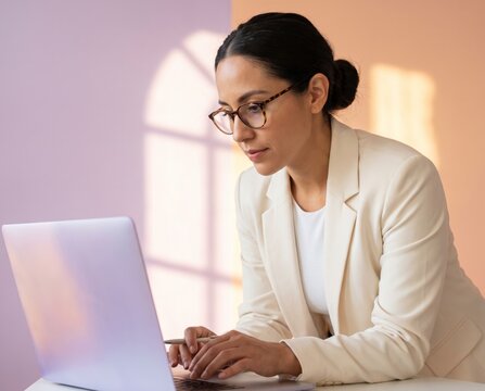 Resolute lawyer in cream blazer taking notes with pen while typing on laptop