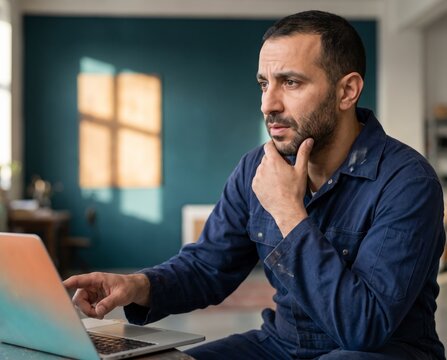 Skilled mechanic in navy coveralls pointing at laptop trackpad with hand on chin