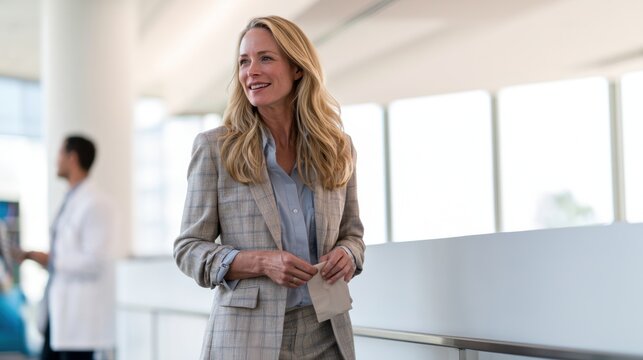 Smiling woman standing in upscale dental clinic lobby, patient service, dental consultation, healthcare reception, private practice