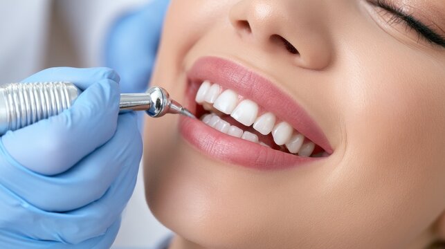 Smiling woman receiving dental cleaning with gloved hand and polishing tool, oral care, teeth whitening and preventive dentistry concept