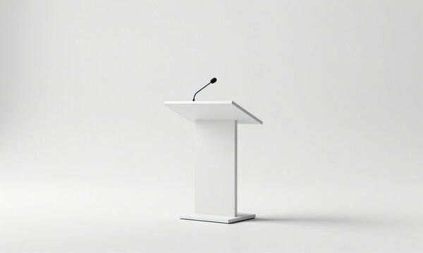 minimalist modern lectern flat angular top slender microphone mounted one side placed center large