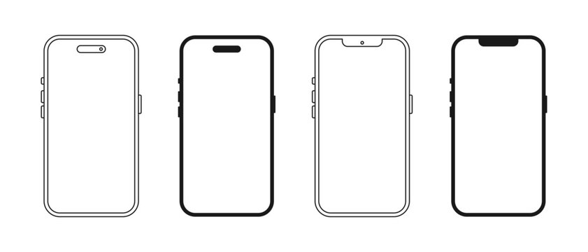Smartphone Frame Mockup Vector Illustration Set. Outline Modern Mobile Screen Template