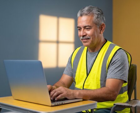 Focused construction foreman in high visibility vest typing on laptop at folding desk