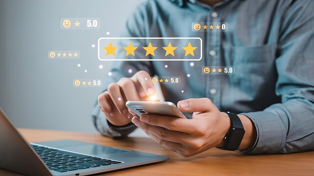 Customer satisfaction assessment and user experience evaluation on a smartphone screen with star ratings and feedback icons
