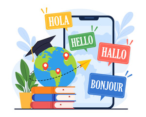 multilingual education and global communication concept with world map, books and language vector illustration © Heena_Rajput