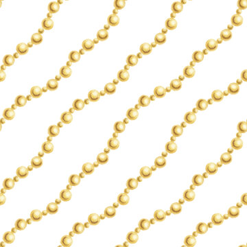 Watercolor seamless pattern with elegant golden bead garlands on white background. Minimalist holiday Christmas ornate for luxury textile, packaging, wrapping paper design. Hand drawn illustration