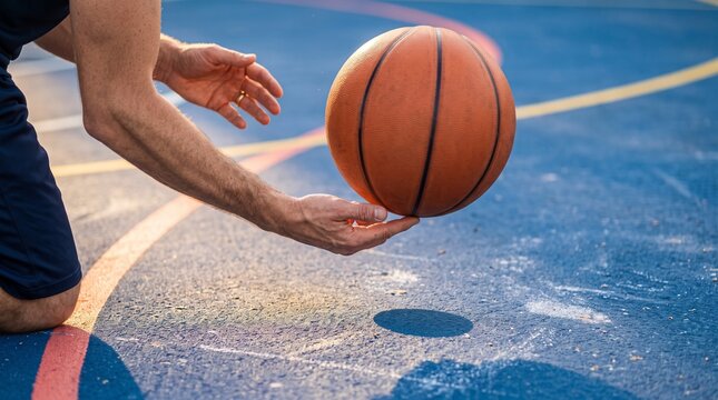 Basketball spins above a vividly painted outdoor court