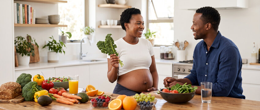 Pregnant woman and partner enjoying healthy food in modern kitchen, maternity nutrition, balanced diet, fresh vegetables, prenatal wellness, expecting baby