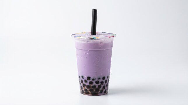 A plastic cup of purple taro milk tea with tapioca pearls