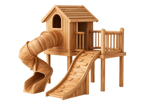 Realistic wooden playset with slide and house structure for children&rsquo;s backyard playground