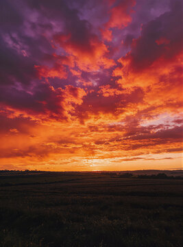 Dramatic fiery sunset sky over a silhouetted open grassland