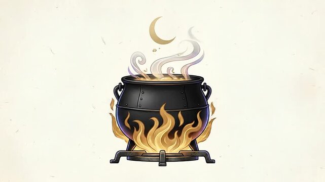 Animated black cauldron boiling over open fire with smoke and moon illustration