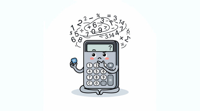 Confused Calculator Character Contemplating Complex Mathematical Equations and Numbers While Sitting in a Deep Meditative Pose for Education