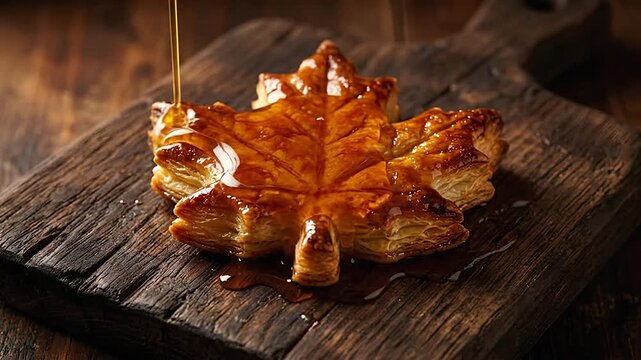 Golden syrup pouring over a leaf shaped flaky pastry on a wooden board