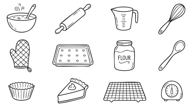 Hand Drawn Baking and Cooking Doodle Icon Set with Flour, Rolling Pin, Whisk and Kitchen Tools