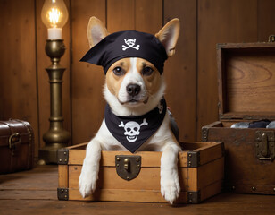 Fototapeta premium Dog dressed as a pirate sitting in a treasure chest with lantern 