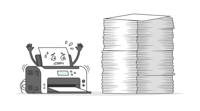 A funny cartoon illustration of a stressed printer panicking over a massive stack of paper to copy