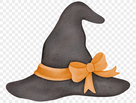 Black witch hat with orange ribbon watercolor Halloween decoration vector.