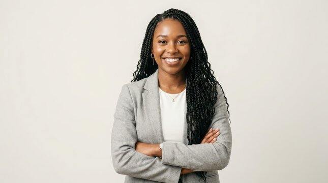 Happy young african american woman in a professional gray blazer smiling with her arms crossed