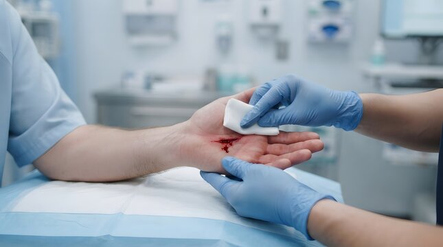 Medical professional wearing blue gloves cleans and treats a small wound on a patient's palm, representing first aid, healthcare, injury treatment, and clinical care.